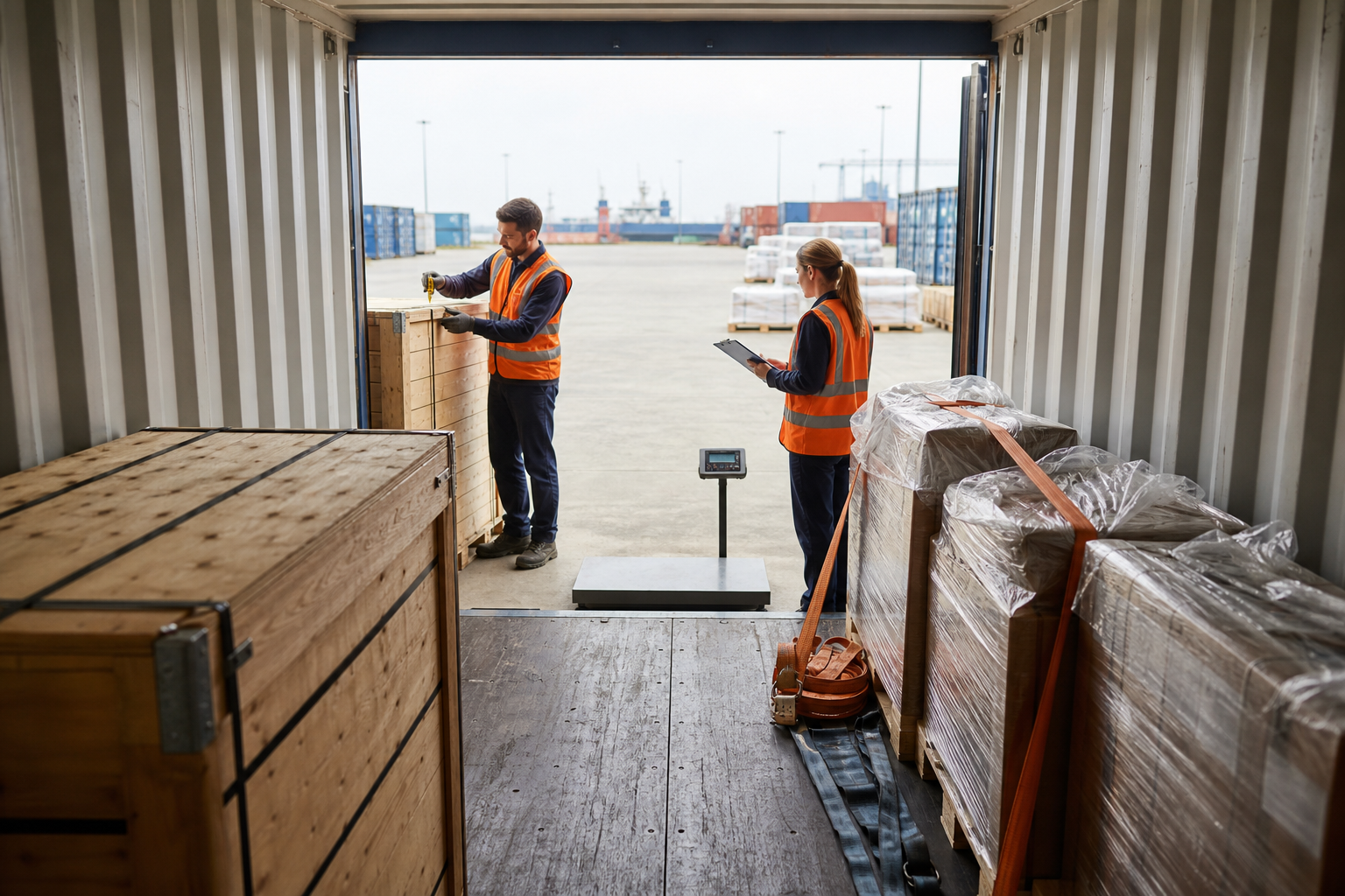 Cargo measurements and packaging being reviewed from inside an open shipping container